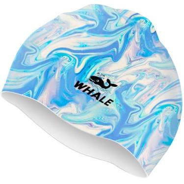 Imagem de Touca de natação de silicone - impermeável antiderrapante de alta elasticidade - mantém o cabelo seco perfeito para homens e mulheres touca de natação grande (padrão de água branco)