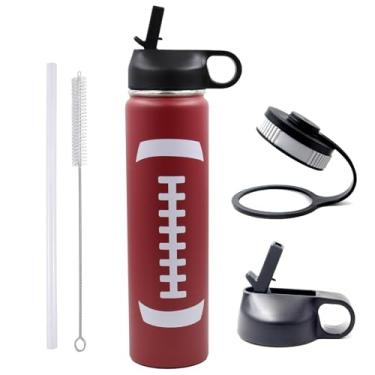 Imagem de Garrafa de água de futebol de 740 ml, garrafa esportiva de metal para viagem com 2 tampas, garrafas de água isoladas à prova de vazamento, à prova de vazamento, acessórios de futebol para meninos e