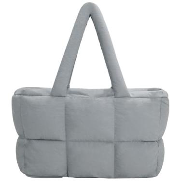 Imagem de ICOLRAE Bolsa feminina leve e fofa com zíper, bolsa de ombro grande acolchoada para viagem, trabalho, academia, Cinza, 18" x 4.5" x 11.5"