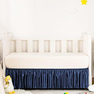 Imagem de Counfeisly Saia para cama de berço de cetim marinho, 132 x 71 cm com saia de berço macia e sedosa de 35,5 cm para bebês meninas ou meninos, adequada para berço padrão e roupa de cama infantil
