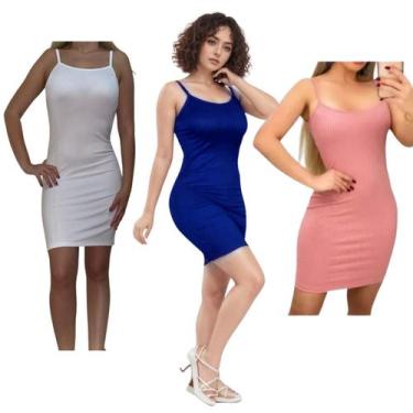 Imagem de KIT C/3 Vestidos Alcinha Canelado - Emporio J, Branco, Marinho, Rose, 