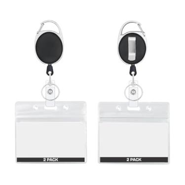 Imagem de Pacote com 2 suportes de crachá de identificação com clipe e chaveiro - 6,3 cm x 8,9 cm, manga transparente vertical, cordão retrátil - carretel preto (preto horizontal)