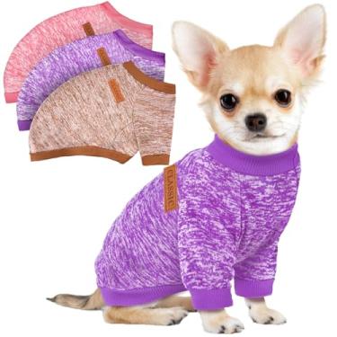 Imagem de Pacote com 3 suéteres para cães pequenos, meninas, meninos, roupas de lã de inverno, quente, macio, para cães, gatos, roupas para animais de estimação (vinho tinto + cáqui, GG)