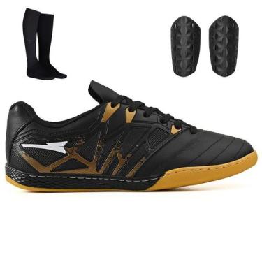 Imagem de Kit Chuteira Indoor Futsal + Meião e Caneleira Adulta - Light, Preto, 