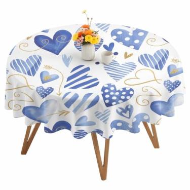 Imagem de ALAGEO Toalha de mesa redonda para dia dos namorados 137 cm toalha de mesa azul coração lavável e resistente a manchas em aquarela para festa de casamento de aniversário