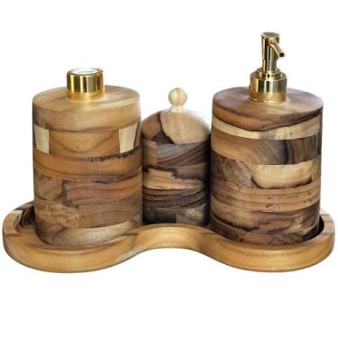 Imagem de Kit Higiene Lavabo / Banheiro 4 Peças - Madeira Nobre Teca - Antilope 