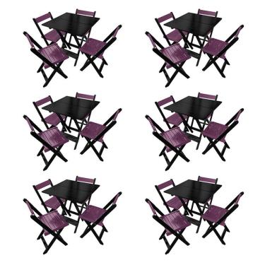Imagem de Kit 6 Mesas De Madeira Dobrável Preto 70x70 Com 4 Cadeiras Dobráveis Roxo
