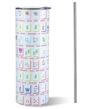 Imagem de Patelai Copo isolado Mahjong Game Walled 590 g Copo de viagem branco Hot304 Caneca de aço inoxidável com tampa Canudo Mantém a água fria quente para acessórios de Mahjong Presentes de festa de