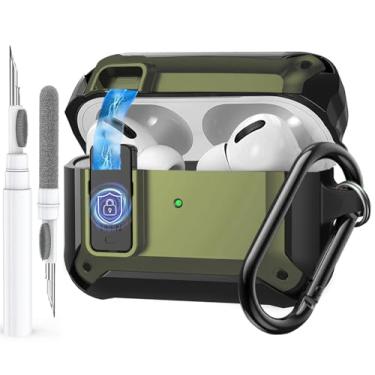 Imagem de Olytop Capa para Airpods Pro 3 com trava magnética automática, capa robusta para Apple Airpods Pro 3ª geração 2025, armadura à prova de choque para iPod Pro3 Gen com mosquetão e kit de limpeza, verde