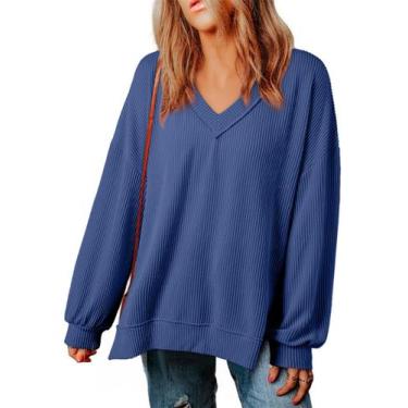 Imagem de Camiseta EVALESS Oversized para mulheres solta de manga comprida azul 
