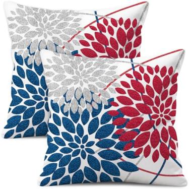 Imagem de WitHero Conjunto de 2 fronhas decorativas de 40,6 x 40,6 cm, branco, linho, vermelho, azul, prata, cinza, fazenda, interior, exterior, moderno, floral, dália, flores, capa de almofada para sofá