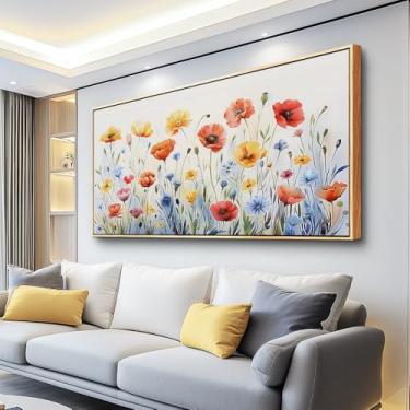 Imagem de PHAOHUAXM Arte de parede em tela emoldurada grande para sala de estar, decoração de parede para quarto, pintura abstrata de flores, moldura de madeira, decoração de sala de jantar, impressões de arte