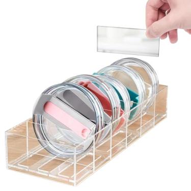 Imagem de Organizador de acrílico com vários compartimentos para tampas de copo, divisórias destacáveis para armazenamento eficiente, suporte de tampa transparente para organização doméstica e fácil acesso