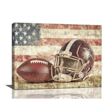 Imagem de Arte de parede de pôsteres de futebol, decoração de parede em tela com bandeira americana, pintura vintage de futebol e capacete, arte esportiva para meninos quarto sala de estar 40 cm x 30 cm L