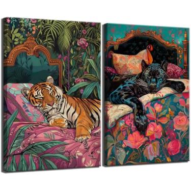 Imagem de 2 peças de arte de parede em tela de selva exótica de tigre engraçado Pantera Negra dormindo no quarto pintura de parede decoração de parede tigre eclético dormindo no quarto arte impressa para quarto