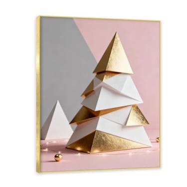 Imagem de Moldura dourada. Arte moderna de presente de Natal, arte geométrica de árvore rosa empoeirada e dourada, tela emoldurada pronta para pendurar para uma casa de férias elegante. A40. 30x40cm-11,8x15,7