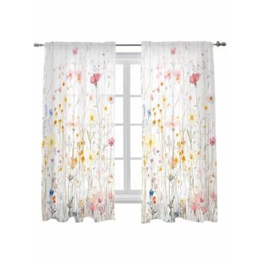 Imagem de Cortinas transparentes de flores de primavera para quarto, sala de estar, flores botânicas, café, 163 cm de comprimento, cortinas de voile com bolso para varão, aquarela, flores silvestres, cozinha