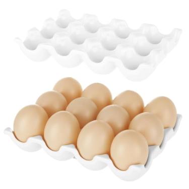 Imagem de LDHHYH Pacote com 2 porta-ovos de cerâmica, bandeja de porcelana para ovos frescos, placa de ovo antiderrapante com base antiderrapante para armazenamento de cozinha e bancada de geladeira