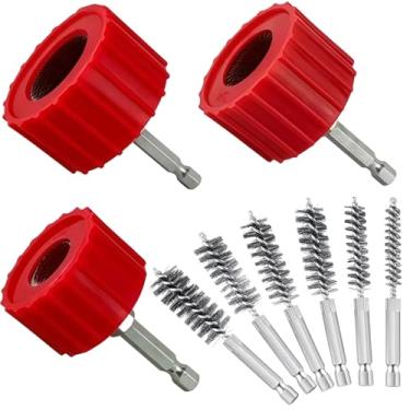 Imagem de Kit de limpador de tubos de cobre resistente e escova de furo 1/5.1 cm, 3/10.2 cm e 2.5 cm conjunto de limpador de tubos de cobre para broca, com haste sextavada de 0,6 cm e 10 lâminas de escova