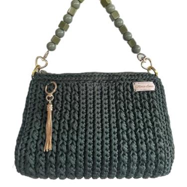 Imagem de Bolsa Helena em Crochê Verde Militar 28x20x17cm – Alça de Contas Acrílicas, Detalhe em Ferragem Dourada, Forro Aqua Block