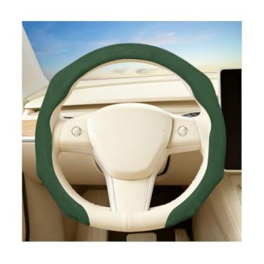 Imagem de Sandfren Capa de volante de carro, couro de camurça esportiva, antiderrapante, 38 cm, acessórios de proteção interna automotiva, ajuste universal (verde escuro)