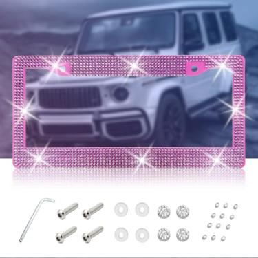 Imagem de Tegyr Suporte de placa de carro brilhante de strass, polietileno, capa de matrícula/suporte adequado para a maioria dos carros SUVs com conjuntos de parafusos, acessórios para carros femininos fáceis