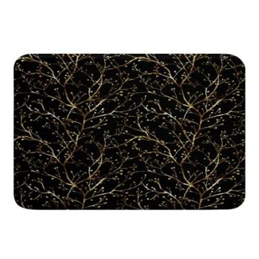 Imagem de Feelyou Tapete de porta de lã macia de galho metálico preto dourado galhos de árvore antiderrapante tapete de banho de poliéster padrão de flores tapete de banho glitter folha dourada piso de banheiro