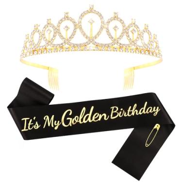 Imagem de FASOTY It's My Golden Birthday Sash and Crown Tiara - Cetim preto com folha dourada faixa de aniversário e coroa para mulheres, meninas, artigos engraçados para lembrancinhas de festa