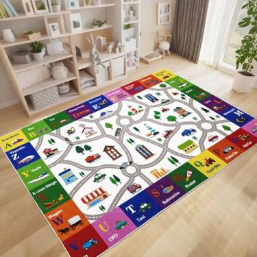 Imagem de Lacomfy Kids Rug Classroom Carpet 5x8Ft Car Road Map Bedroom Playmat for Boys Girls, Town Theme Playroom Mat, Vehicles & Alphabet Learning and Educational Play Area Rug, Indoor Nonslip Washable
