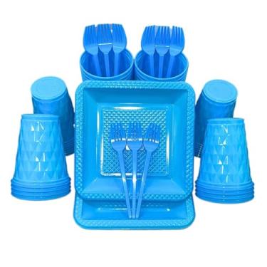 Imagem de Kit 260 Itens Descartaveis Festa Aniversário Prato Quadrado Diamante Plástico Colorido Perolado Candy Pastel (Azul Bebe)