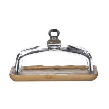 Imagem de Manteigueira Prato de manteiga de madeira com tampa de vidro Caixa de queijo Manteiga Queijo Lanche Prato Bolo Sobremesa Exibição