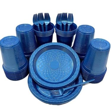 Imagem de Kit 300 Itens Festa Aniversário Descartáveis Plástico Colorido Perolado 100 Pessoas Completo Pratinho Garfinhos Copos (Azul Perolado)