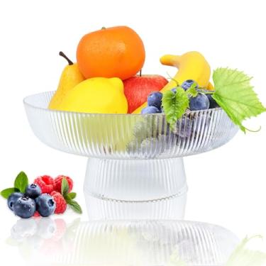 Imagem de Wuqoioo Tigelas de vidro, tigela grande de servir de vidro vintage, tigela de pedestal canelada, tigela de pedestal redonda para frutas, vegetais, salada e sobremesa, doces