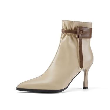 Imagem de TinaCus Bota feminina de couro genuíno com bico fino feito à mão com zíper lateral e salto agulha, Damasco, 38