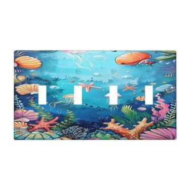 Imagem de Nadoabtm Placa de cobertura para interruptor de luz, criaturas marinhas subaquáticas, corais, 4 gangues, quadriciclo, interruptor, decorativo, placa, tomada elétrica, capa para decoração de casa e