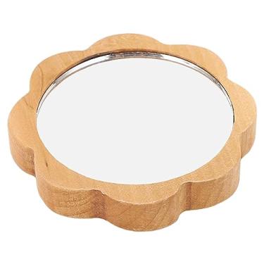 Imagem de Espelho de maquiagem com moldura de madeira Reflexão clara Espelho cosmético redondo elegante Espelho pequeno portátil portátil para mulheres Viagens para casa Rotina de beleza