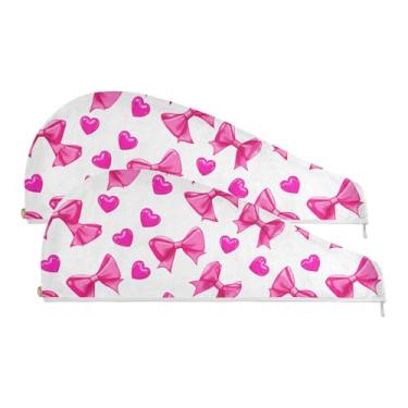 Imagem de SEHANY Linda toalha de cabelo de microfibra com laço rosa para mulheres, 2 peças, turbantes de cabelo de secagem rápida com botão, touca de cabelo seco absorvente toalha de secagem de cabelo para