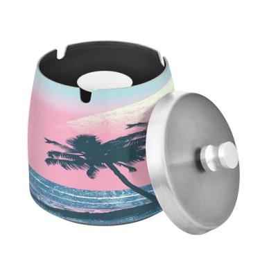 Imagem de Blueangle Cinzeiro havaiano Sunset Palms com tampa para cigarros, à prova de vento/chuva, aço inoxidável, sem fumaça, inodoro, cinzeiro para uso interno ou externo (482)