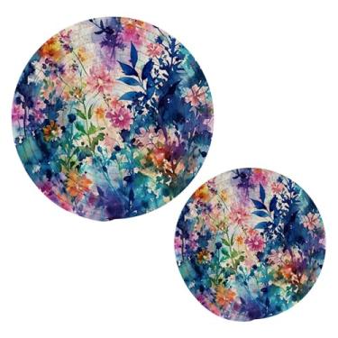 Imagem de Blueangle 2 peças de suporte de panela com padrão de flores em aquarela - conjunto de pegadores de panela de tecido redondo - almofadas quentes trançadas de algodão - porta-copos - tapetes de mesa