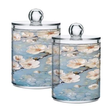 Imagem de ATTX Dispensador de suporte Qtip White Cherry Blossoms para bola de algodão, cotonete, frasco de boticário de plástico transparente, pote de armazenamento de cozinha para decoração de casa, pacote com