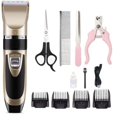 Imagem de Kit Máquina de Tosa para Pets, Recarregável, com Tesoura, Pente, Cortador de Unhas, 4 Pentes Guia, Óleo Lubrificante, Cabo USB, Dourado e Preto