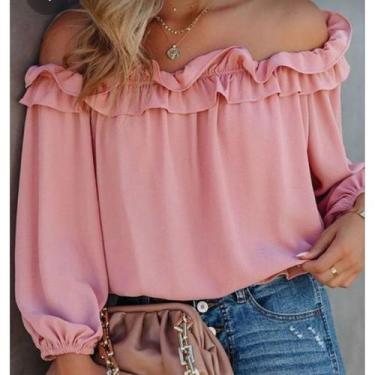 Imagem de Blusa Ciganinha Feminina Rosa com Babados  Ombro a Ombro Elegante e Ro