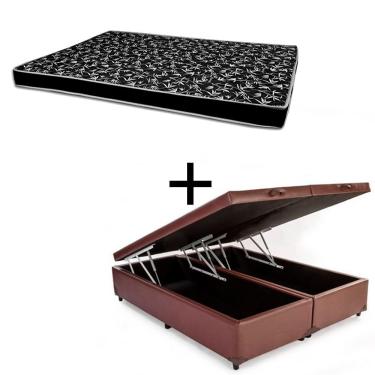 Imagem de Cama Box Baú Casal 138 Bipartido Tecido Sintético Marrom Com Colchão Hamburgo - 100% Espuma - D28 Preto 55x138x188