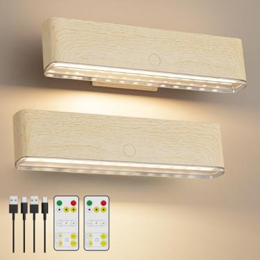 Imagem de MOITA Arandela de parede magnética sem fio operada por bateria, controle remoto recarregável e controle de toque, conjunto de dois, luzes de parede LED de temperatura de 3 cores, rotação de 360° (faia