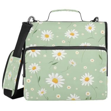 Imagem de Fichário de 3 anéis com zíper com alça de ombro, organizador de documentos, estampa de margaridas brancas