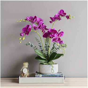 Imagem de LMJYU Orquídea artificial de seda Phalaenopsis flores artificiais com vaso de flores artificiais para decoração de casa flores artificiais artificiais de 62 cm