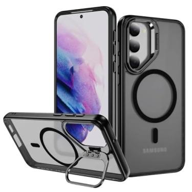 Imagem de Capa magnética fosca para celular Samsung Galaxy S24 Plus com suporte para lente e proteção contra quedas, preta.