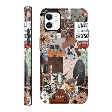 Imagem de Vulfwela Capa para iPhone 11 de 6,1 polegadas, colagem boho, ocidental, 2 em 1, vintage, rosa, chapéu de caubói cavalos, cabeça de touro, floral, capa de telefone country oeste, à prova de choque