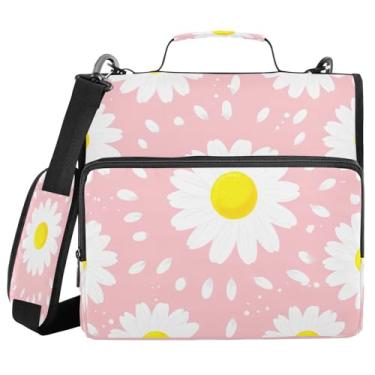 Imagem de Qilmy Fichários com zíper com alça de ombro, fichário de 3 anéis de 3 cm, capacidade de 500 folhas, pasta organizadora e pasta de arquivo expansível - Linda margarida branca 127