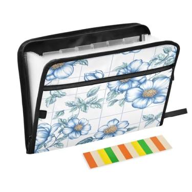 Imagem de CEBUGI Pasta expansível de 13 bolsos, impermeável, sanfonada, organizador de arquivos com etiquetas tamanho A4, organizador de documentos de papel para escola, material de escritório, buquê azul retrô